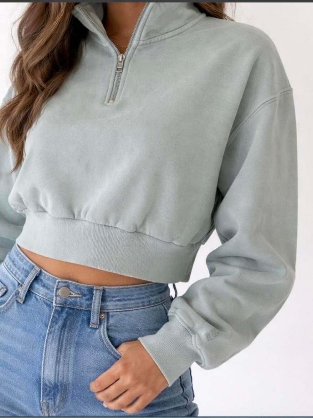 Aritzia TNA CozyAF Quarter Zip Crop Sweater Sage Green Sz. M